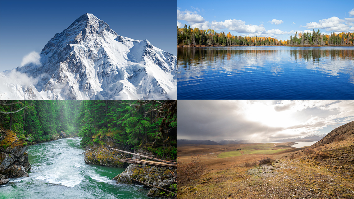 An image of a mountain, a lake, a hill and a river.