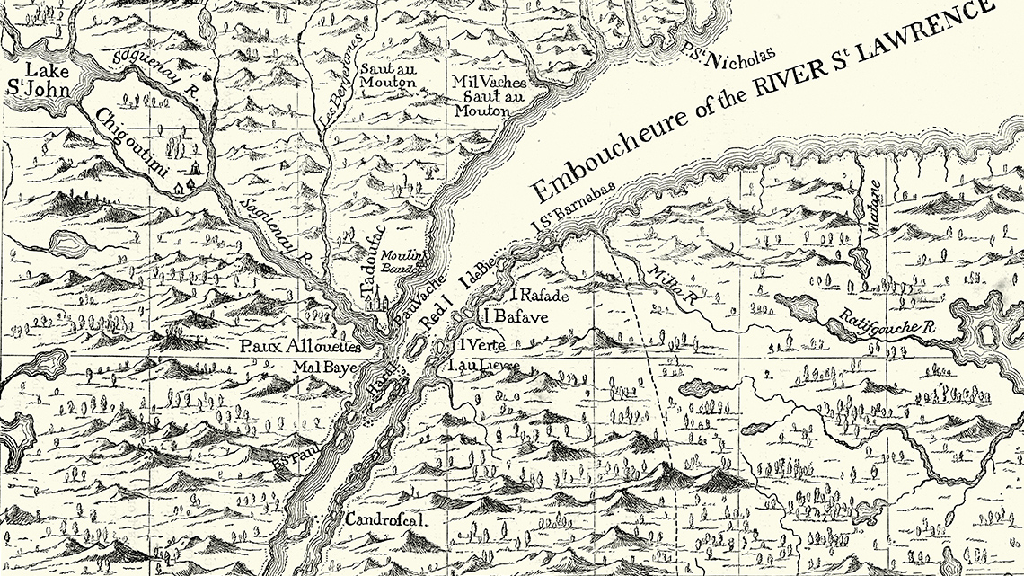 A Historical Engraving of a Map of the St. Lawrence River and
Settlements from 1730 An image of a historical black and white map of settlements near the St. Lawrence River
from 1730