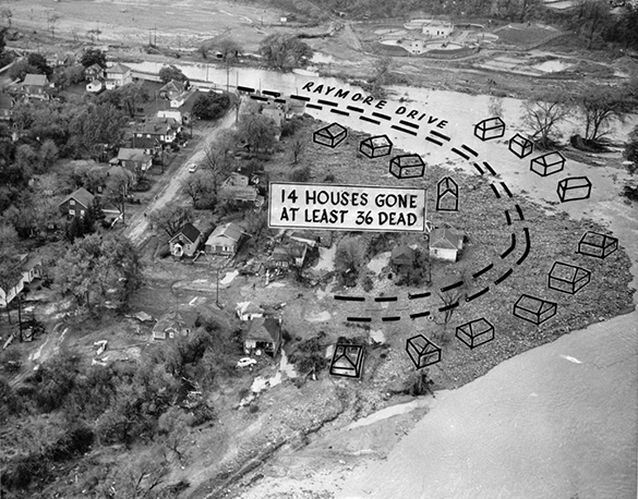 A photo of a flooded neighbourhood with drawings of where 14 houses used to be.