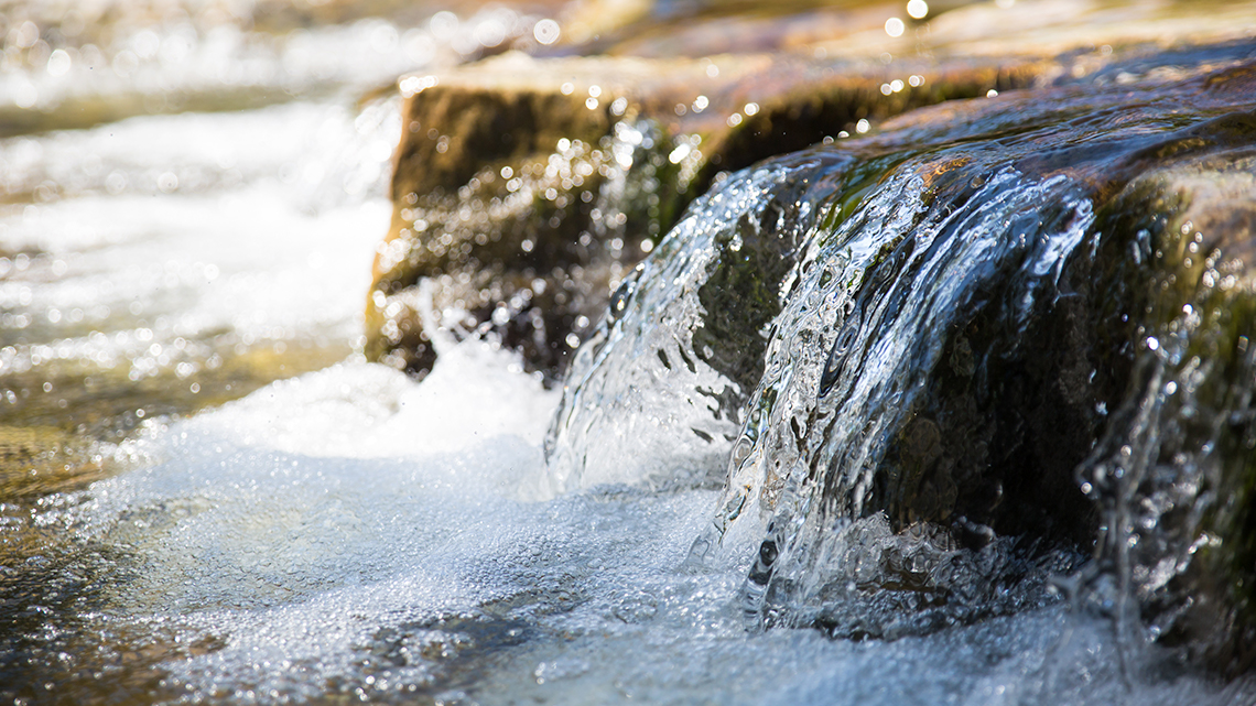 A stream of water running over a small rock.