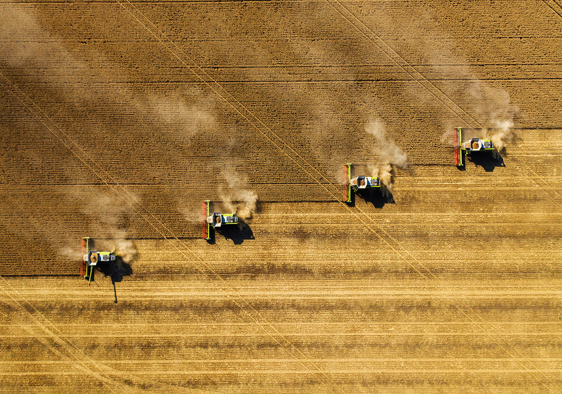 This image shows harvesters in a huge field of wheat.
