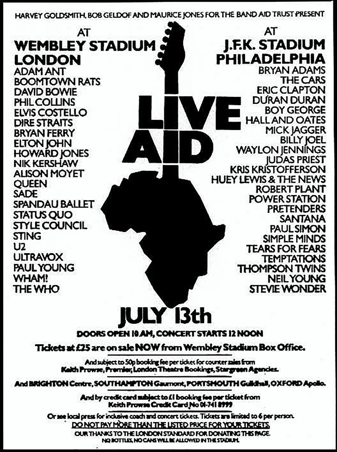 A poster for Live Aid. There is an image of a guitar shaped like Africa and a list of musicians.