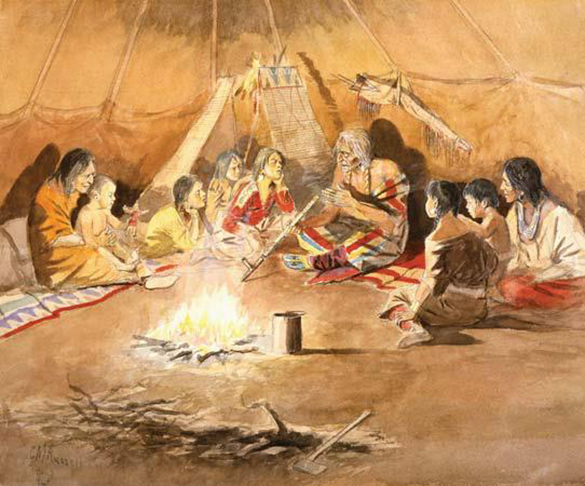 Indigenous Oral History Painting of an Indigenous elder sharing stories to others around a fire.