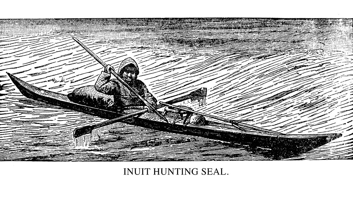 Inuit hunting seal A sketch of an Inuit person on a canoe on the water hunting seal with a spear.