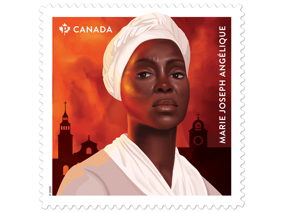 A Canadian stamp depicting Marie-Josèphe-Angélique. Her face appears both sad and angry. Behind her are church spires against a fiery sky.