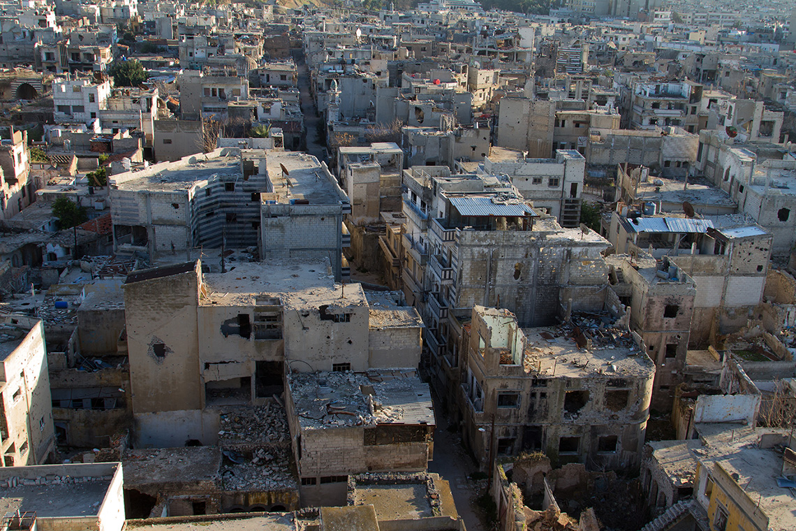 An aerial view of damaged homes in Syria during the Syrian Civil War.