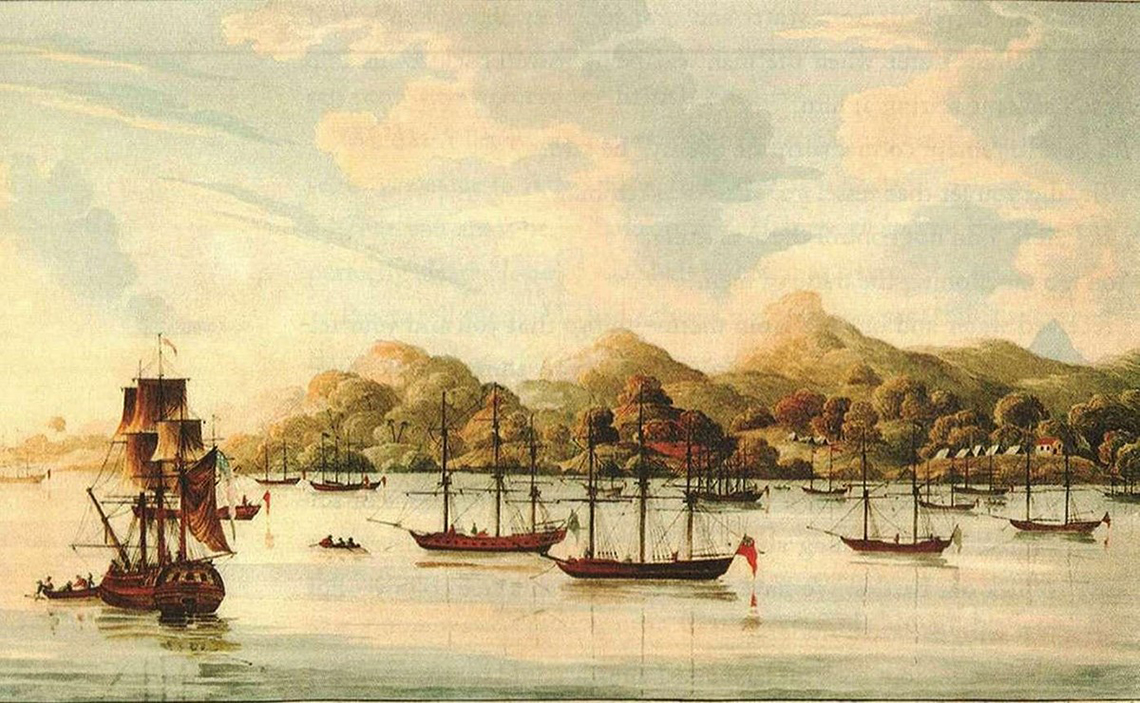 A painting of small boats carrying people to larger ships in the harbour.