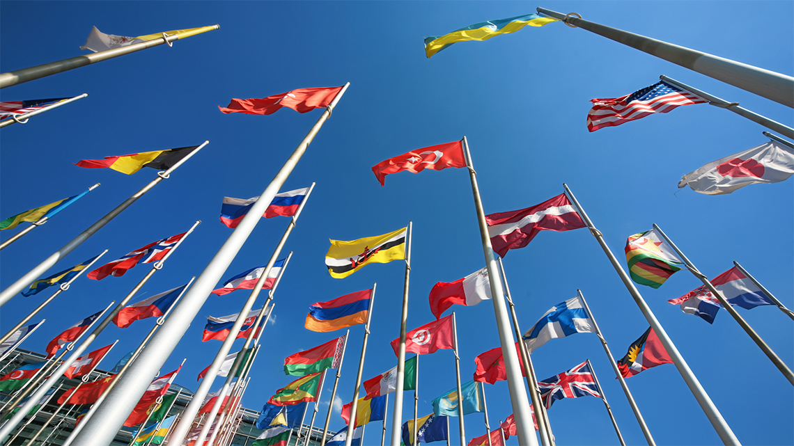 Photo taken from the ground shows several flag poles & flags from countries around the world.