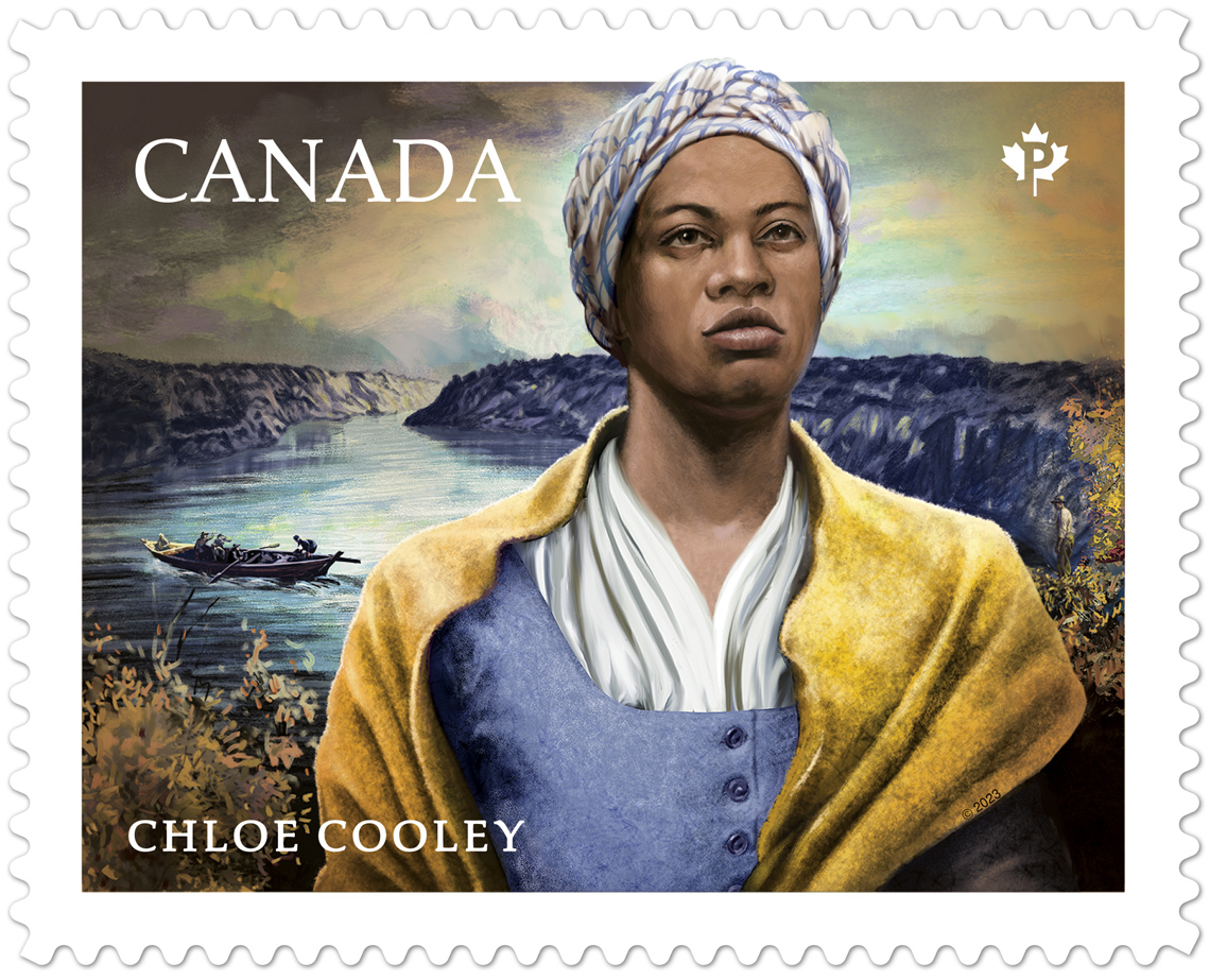 A Canadian stamp featuring a portrait of Chloe Cooley, her expression is determined and courageous