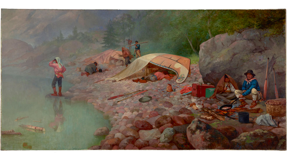 Indigenous and Métis men in a camp by a body of water.
