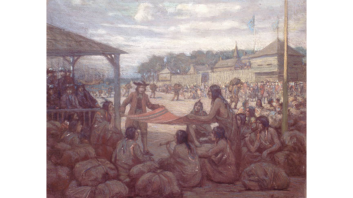 People in an outdoor area trading fur