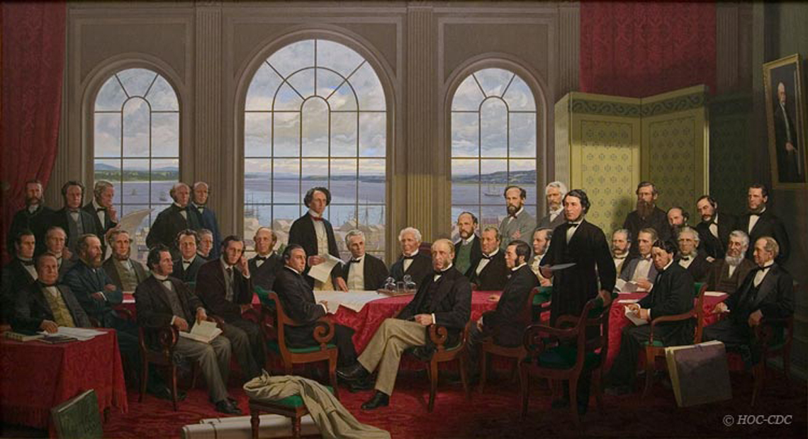 The Fathers of Confederation by Robert Harris The 36 fathers of confederation gathered around a large table.