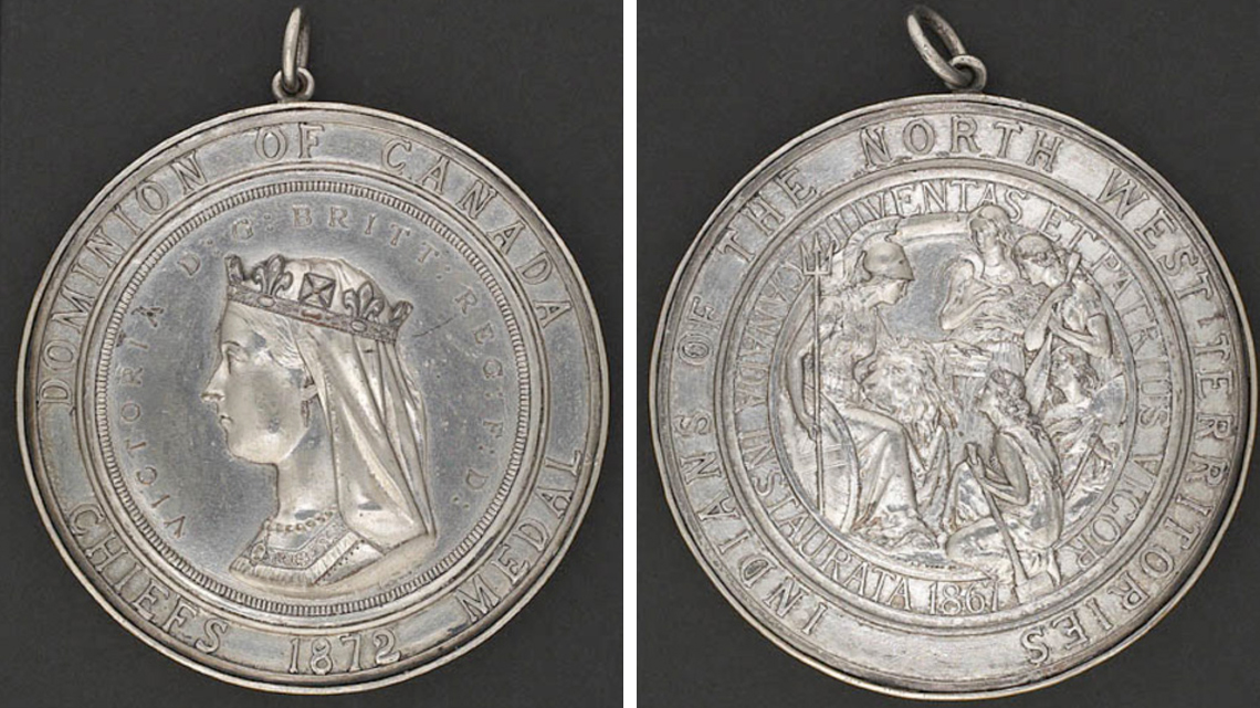 Coin with Queen Victoria on one side. Indigenous leader shaking hands with an Officer on the other.