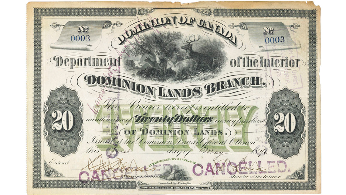 A Metis script issued for the purchase of dominion land, 1906.