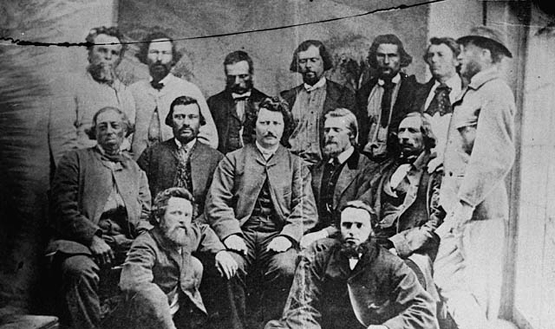Councillors of the Provisional Government of the Métis Nation in 1870. Louis Riel in the centre.