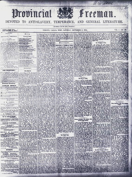 The front page of Mary Ann Shadd’s newspaper Provincial Freeman, September 2, 1854