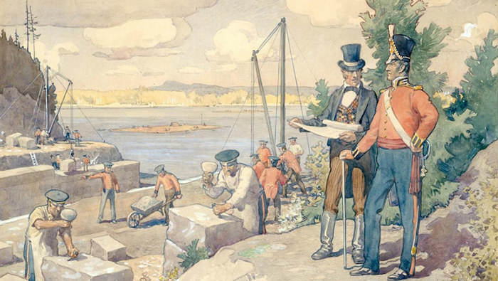 Lt. Col. John By overseeing the building of the Rideau Canal. Watercolour by C.W. Jeffreys ( Library and Archives Canada, Acc. No. 1972-26-795).