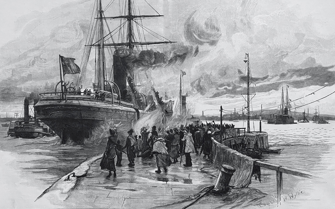 Departure of an Emigrant Ship An emigrant ship departing. There are people on the docks waving.