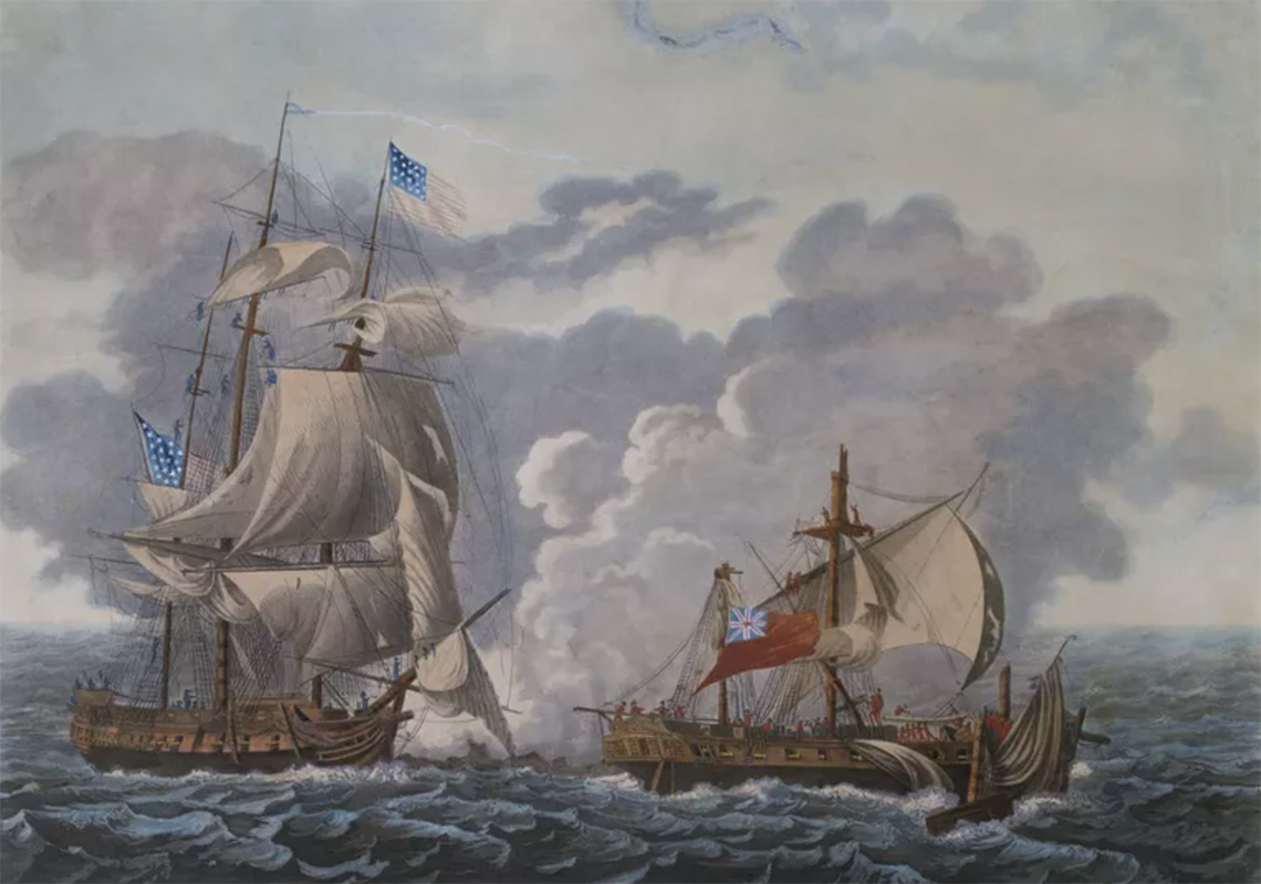 A British ship and an American ship on the ocean.