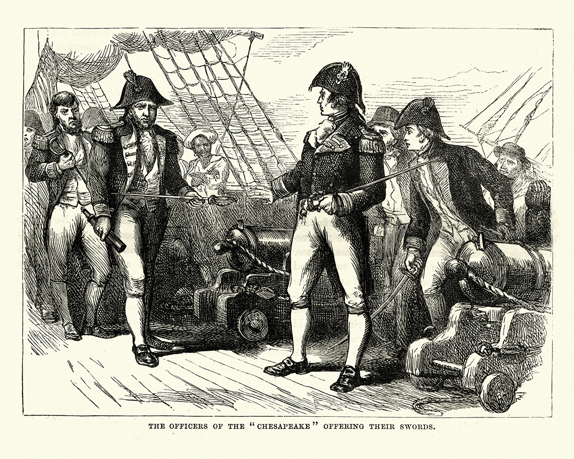 Engraving that shows officers of the USS Chesapeake. They are surrendering to the British.