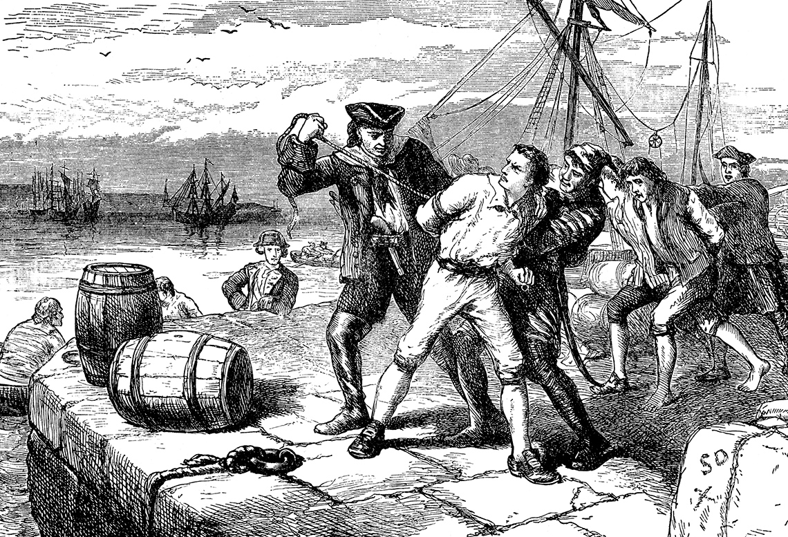 Sketch of Americans being tied up and led away by British soldiers during the War of 1812.