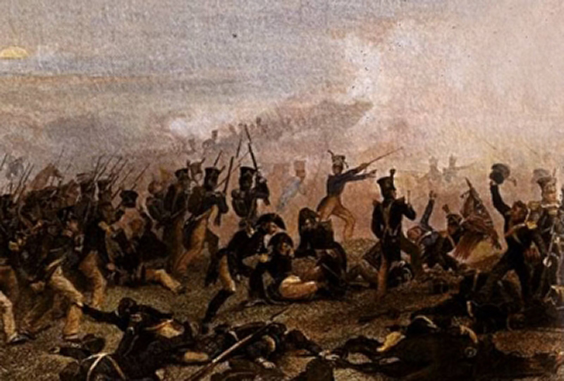 A painting of the Battle of Lundy’s Lane. It shows British and American troops fighting.