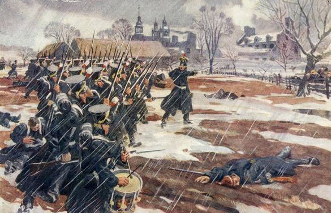 ainting of the Battle of St. Denis. It shows an army of Patriote rebels walking on a snowy field.