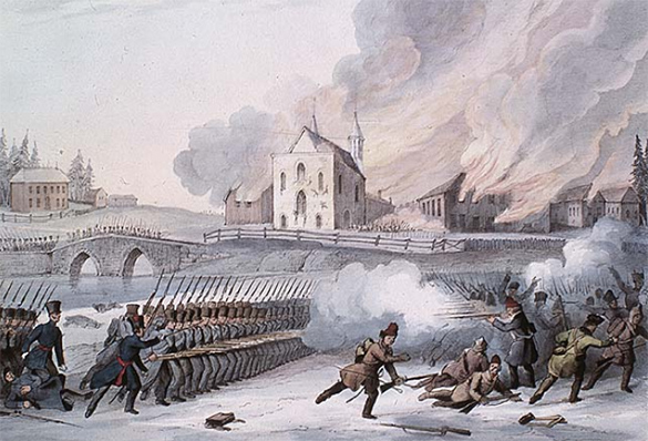 Painting that shows British and Patriote rebels fighting. Some of the Patriote rebels are fleeing.