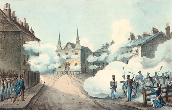 The Battle of St. Eustache Painting of the Battle of St. Eustache. It shows British soldiers firing a canon.