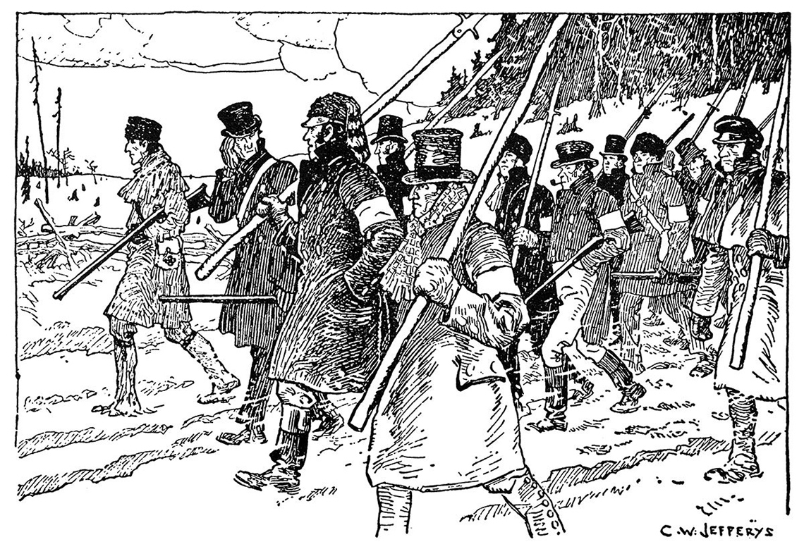 Rebels Marching Down Yonge Street Illustration of rebels marching down Yonge Street during the rebellion in Upper Canada.