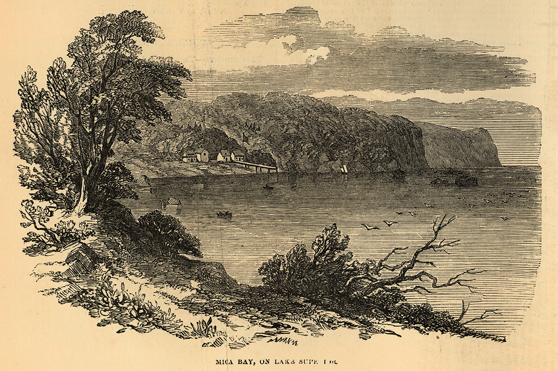 A sketch showing a body of water with land in front and high mountains in the background.