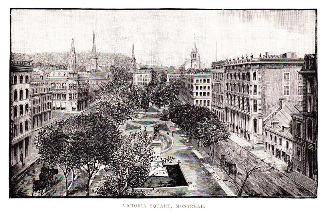 An urban area with a monument in the centre, surrounded by ornate buildings. Horse-drawn carriages move along tree-lined sidewalks