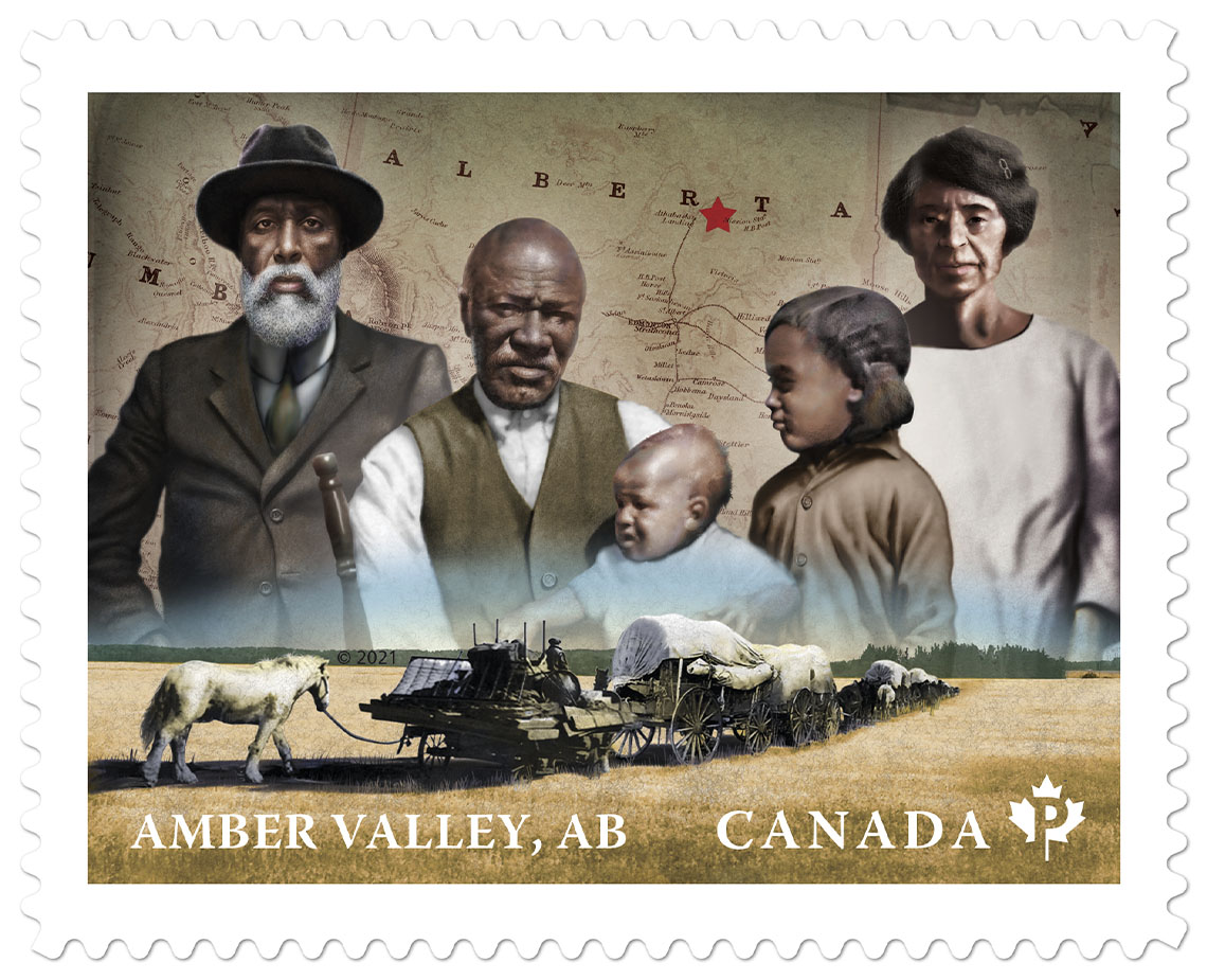 Canadian stamp with a map showing the location of Amber Valley, photos of community members, and horse-covered wagons in the foreground