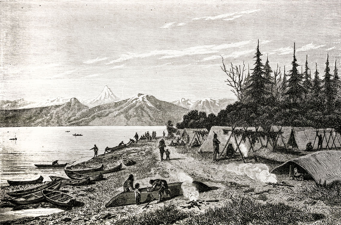 Native American tent camp on the Yukon river.