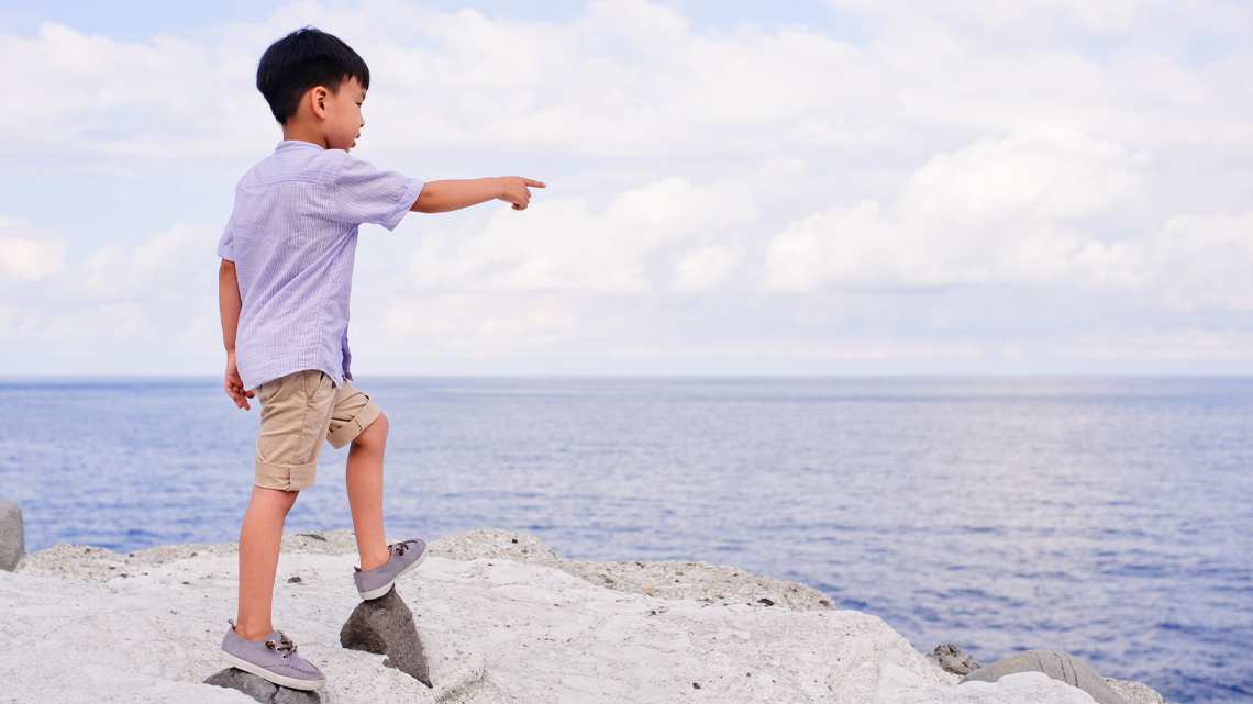 A child stands on rocks and points at sea. 