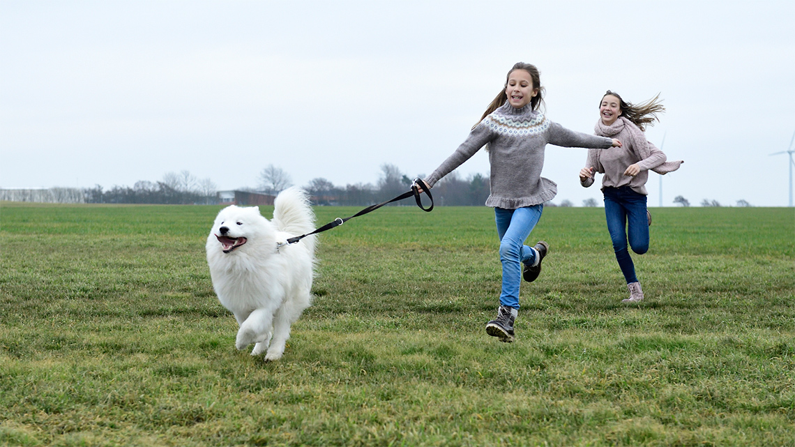 Two kids running in a field with their dog.