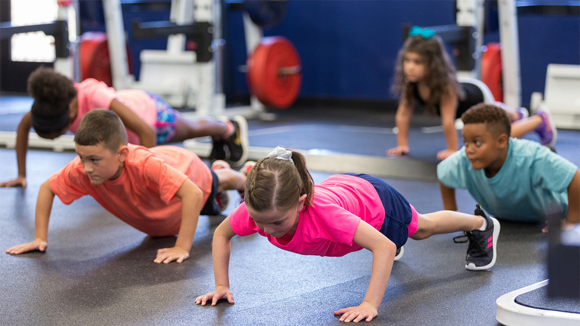 A group of children in a gym pushing their bodies off the floor and supporting their weight on their hands and toes.