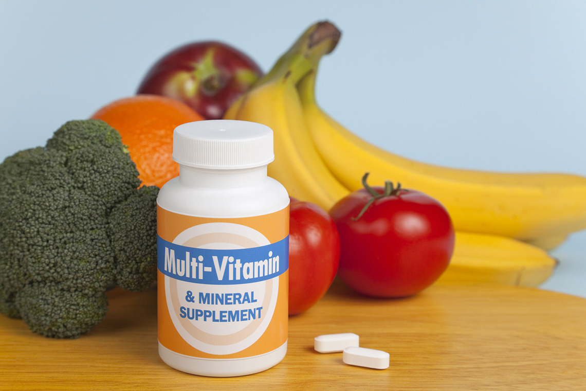A bottle of multi-vitamin and mineral supplements.
