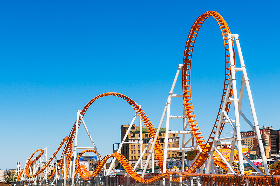 A large roller coaster with giant loops and turns