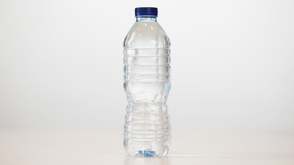 A plastic bottle of water.