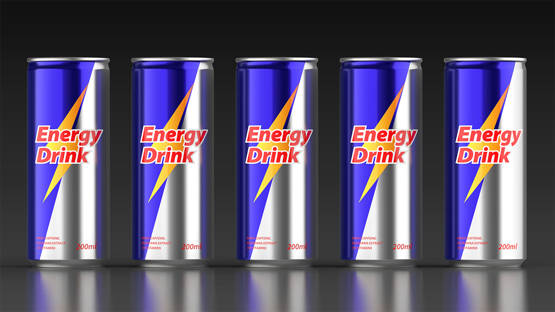 A row of canned energy drinks.