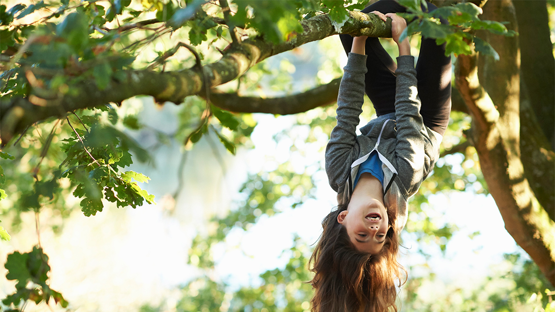 Child climbing a tree and hanging upside down with no head gear.