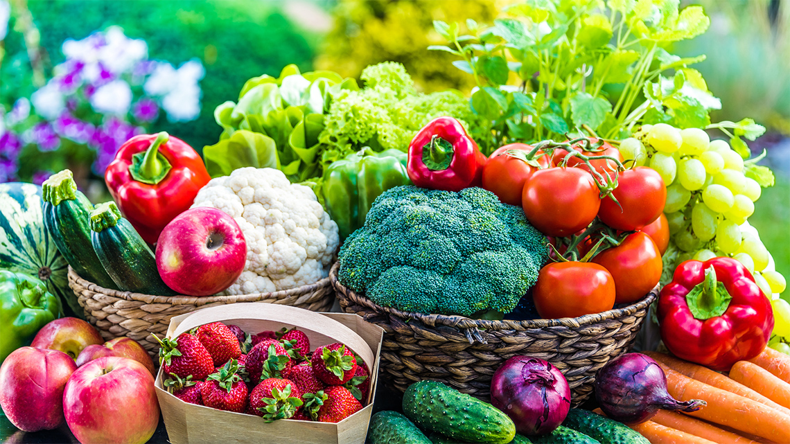 Examples of fruits and vegetables, such as broccoli, carrots, peppers, and strawberries.