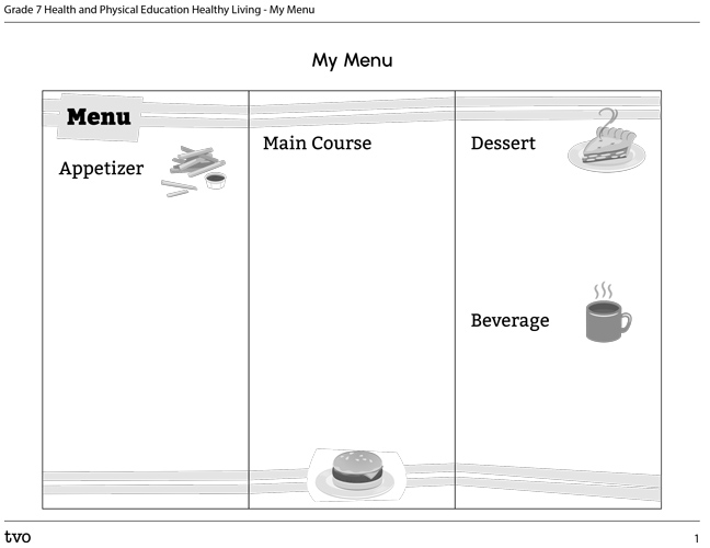 An activity titled My Menu. There are spaces for students to list an appetizer, main course, dessert, and beverage.