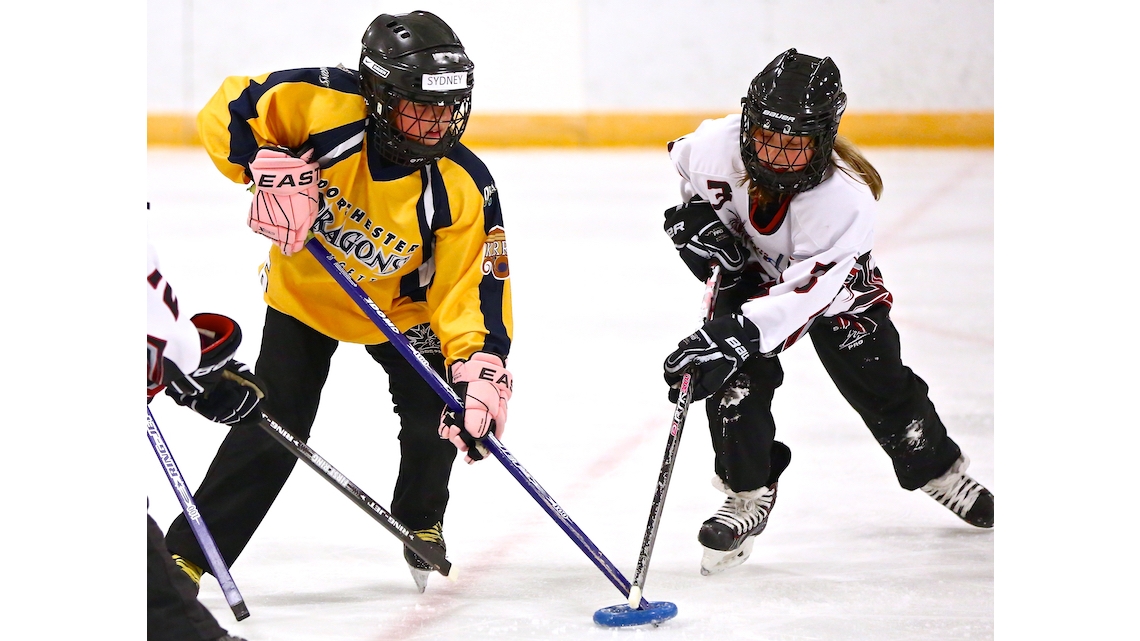 Ringette/gym ringette is played with a ring and stick instead of a puck and hockey stick.
