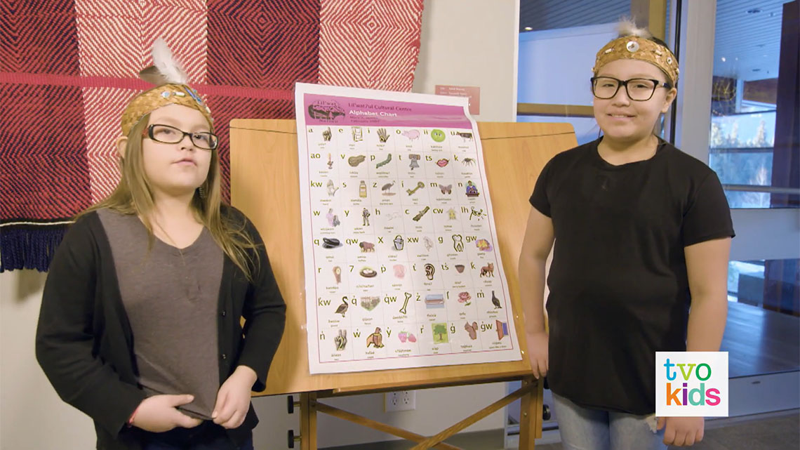 Natalya and Adriana are in front of a chart that has the alphabets and different words in Ucwalmicwts.