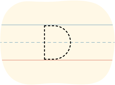 A piece of lined paper with a dotted line showing how to print the letter D in uppercase.