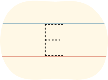 A piece of lined paper with a dotted line showing how to print the letter E in uppercase.