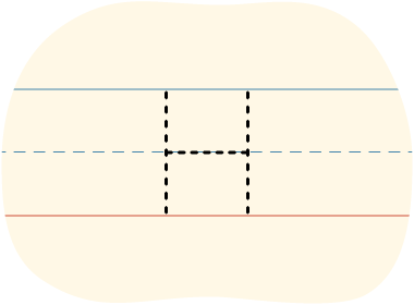 A piece of lined paper with a dotted line showing how to print the letter H in uppercase.