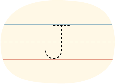 A piece of lined paper with a dotted line showing how to print the letter J in uppercase.